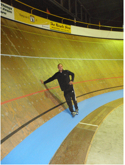 Rodrigo from BIC at the Ontario, Canada Velodrome. This Velodrome's track is 142m long has a 50% slope!